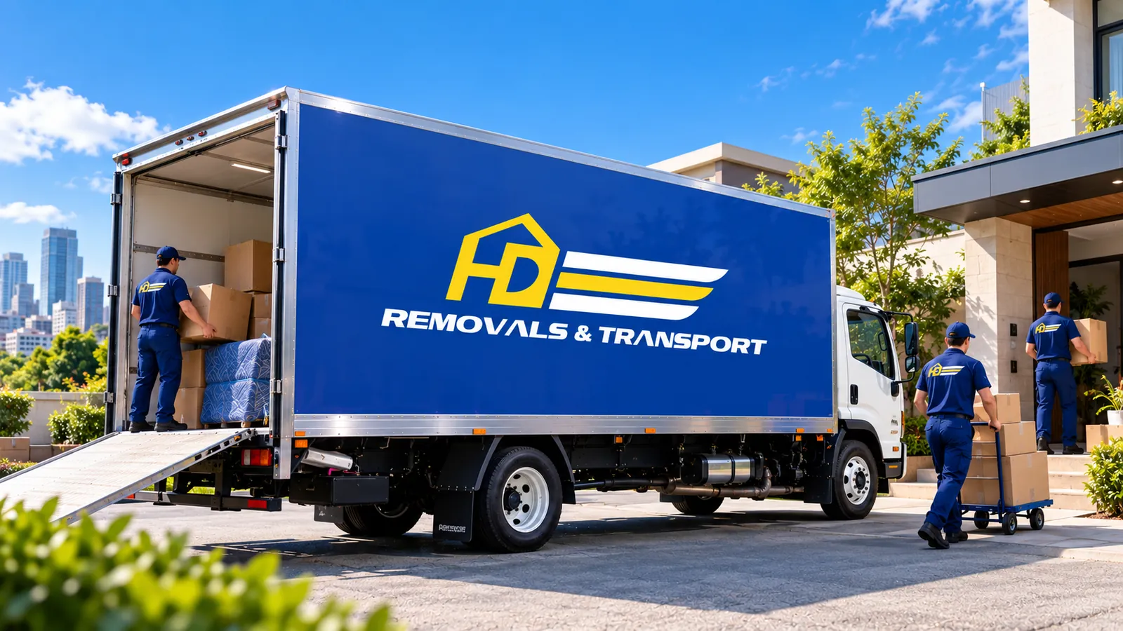 An HD Removals truck being loaded outside a home